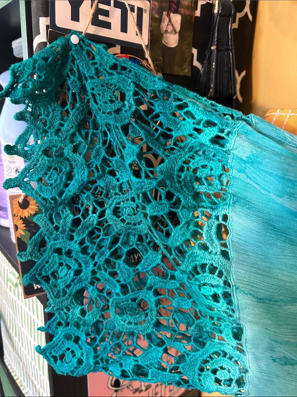 Avenue Teal Ombre Tie-Dye Peasant Tunic with Crochet Bell Sleeves - Picture 2 of 5
